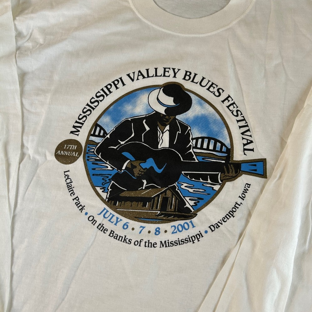 Gildan Vintage 2001 Cream Long Sleeve Tee with Blues Festival Graphic